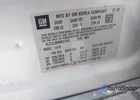 2021 Chevrolet Trax Fwd Lt from USA, damaged, VIN KL7CJLSBXMB311016